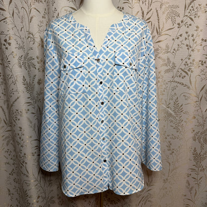 Notations Geometric Top Women XL Blue White Convertable Sleeve Office Corpcore