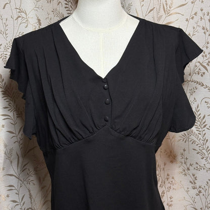 Belle Poque Flutter Sleeve V-Neck Top Women 2XL Black Academia Rockabilly Retro