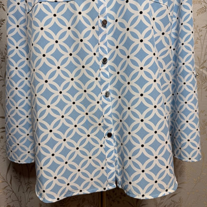 Notations Geometric Top Women XL Blue White Convertable Sleeve Office Corpcore