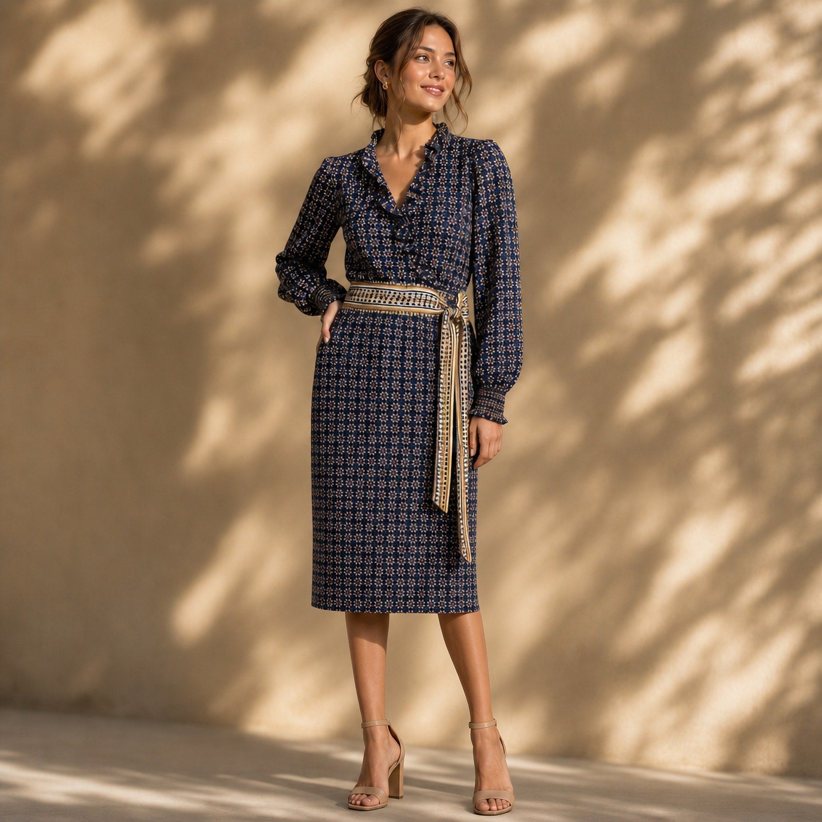 Max Studio Geometric Midi Dress Small Navy Blue Long Sleeve Boho Offic – Closet Kitty