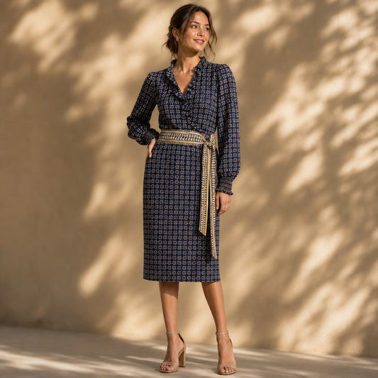 Max Studio Geometric Midi Dress Small Navy Blue Long Sleeve Boho Office Siren