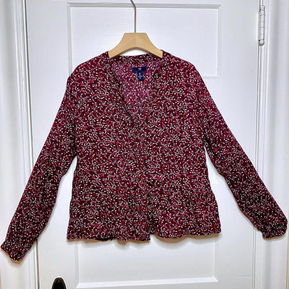 Gap Burgundy Floral Print Blouse Womens Large Cottagecore Dainty Fairycore Fall
