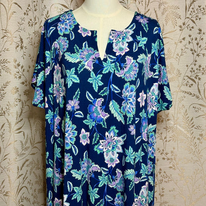 J.Jill Floral Split V-Neck Knit Maxi Dress Women XL Blue Tropical Resortwear NWT