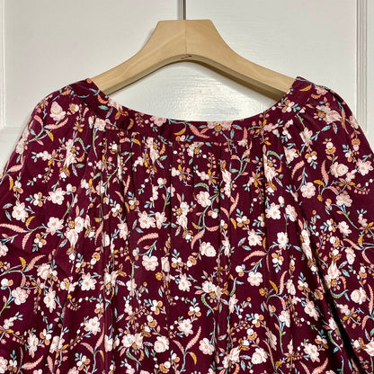 LC Lauren Conrad Floral Balloon Sleeve Blouse Womens L Boho Peasant Top Maroon