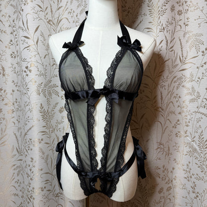 Black Lace Mesh Halter Teddy OS Boudoir Goth Dark Coquette Romantic Sirencore