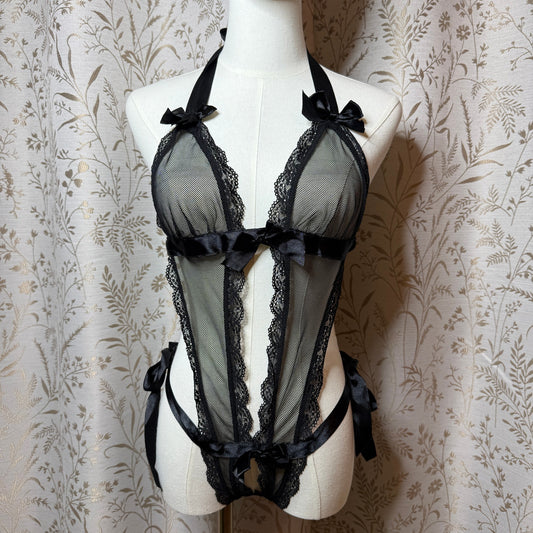 Black Lace Mesh Halter Teddy OS Boudoir Goth Dark Coquette Romantic Sirencore