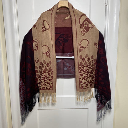 Reversible Pashmina Shawl Wrap Burgundy Tan Leopard Novelty Print Fringed Boho