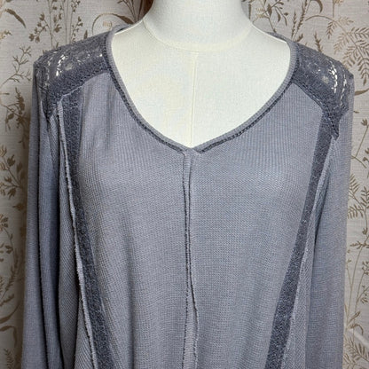 Knox Rose Front Tie Waffle Knit Top Women XL Gray Lace Boho Cozycore Romantic
