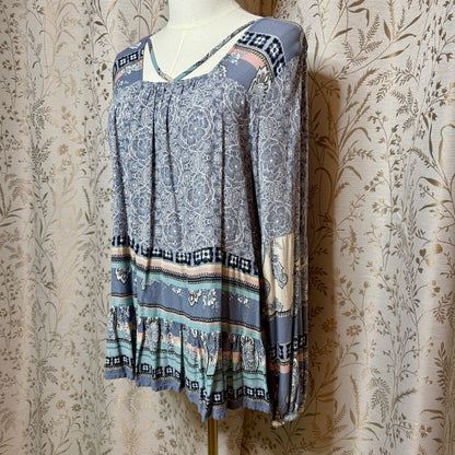 Knox Rose Floral Strappy Tunic Top Womens L Blue Boho Peasant Prairie Romantic