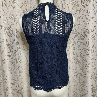BB Dakota Crochet Lace Mock Neck Blouse XS Navy Blue Dark Romantic Whimsigoth