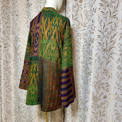 Boho Silk Ikat Jacket Women XL Patchwork Frog Closure Art to Wear Tang Suit