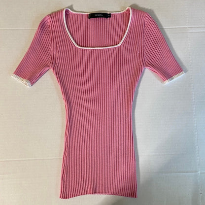 ZESICA Pink Ribbed Knit Sweater Top Small White Trim Short Sleeve Bodycon Preppy