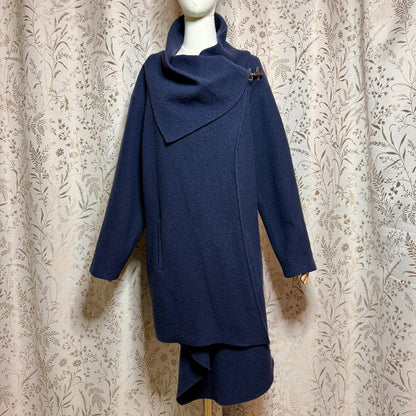 Garnet Hill Asymmetrical Boiled Wool Coat Women 18 Plus Blue Shawl Collar Artsy
