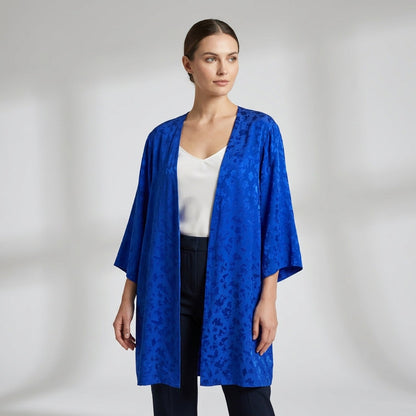 CASSIS Vintage Silk Jacquard Kimono Cardigan Women 14 Blue Boho Romantic Luxe