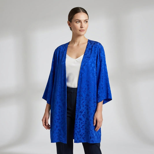 CASSIS Vintage Silk Jacquard Kimono Cardigan Women 14 Blue Boho Romantic Luxe