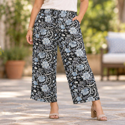 Tahari Floral 100% Linen Pants Women XL Blue Black Whimsigoth Dark Cottagecore