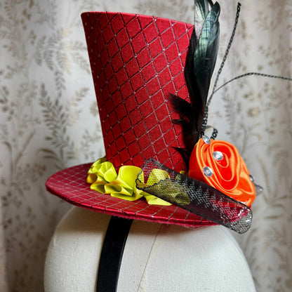 Day of the Dead Red Top Hat Headband Skull Feathers Ruffles Halloween Masquerade