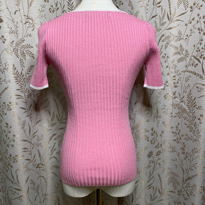 ZESICA Pink Ribbed Knit Sweater Top Small White Trim Short Sleeve Bodycon Preppy