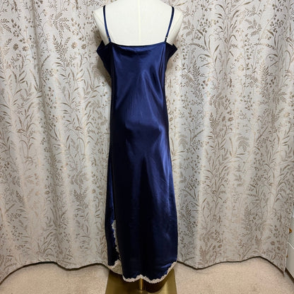 Jaclyn Smith Blue Satin Lace Trim Long Slip Dress Women M Vintage 90s Y2K Glam