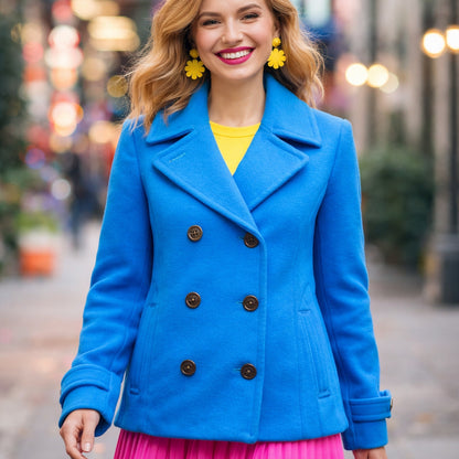 Lands' End Blue Wool Cashmere Pea Coat Women 8P Colorblock Coastal Marine Winter