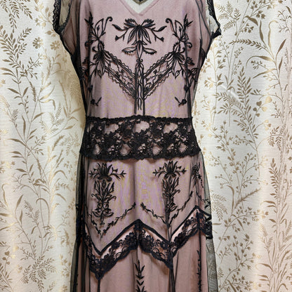 Newport News VTG Y2K Lace Mesh Flapper Dress 10 Black Pink Art Deco Gatsby 1920s
