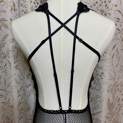 Fredericks of Hollywood Black Stretch Lace Chemise L Garter Goth Coquette Pin-Up