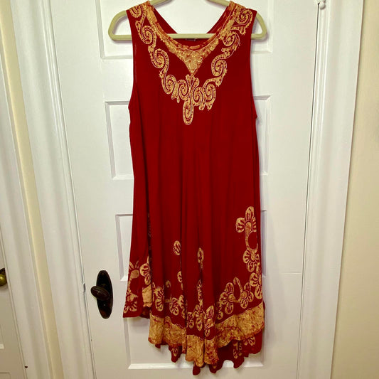 Red Swing Dress Gold Embroidery Womens One Size Summer Flowy Casual Retro Y2K