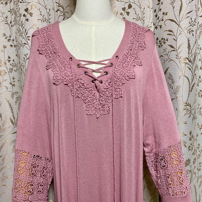 Paper + Tee Boho Crochet Bell Sleeve Tunic Top 2X Mauve Romantic Fairycore