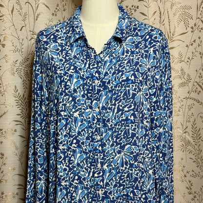 Well Worn Floral Shirt Dress Womens XL Blue Long Sleeve Boho Coastal Grandmother