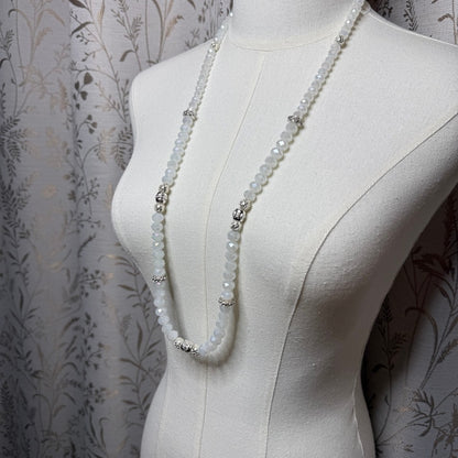 Vintage Artisan Faceted White Glass Bead Opera Rope Necklace 90s Boho Romantic