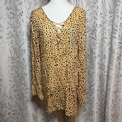 Billabong Cheetah Print Lace Up Tunic Women L Boho Beach Cover Up Resortwear
