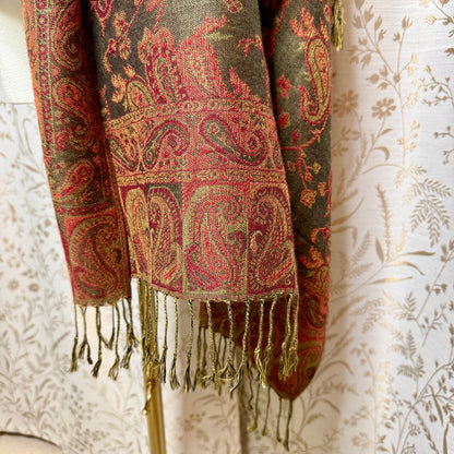 Paisley Pashmina Scarf Shawl Women OS Fringe Rust Olive Boho Autumnal Fairycore