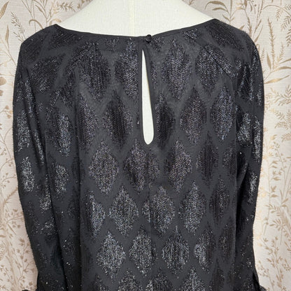 Halogen NWT Metallic Argyle Tie Cuff Blouse Women XL Black Whimsigoth Holiday