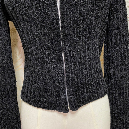 SO Black Chenille Ribbed Crop Cardigan Zip Juniors M Y2K 90s Grunge Whimsigoth
