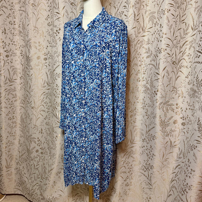 Well Worn Floral Shirt Dress Womens XL Blue Long Sleeve Boho Coastal Grandmother