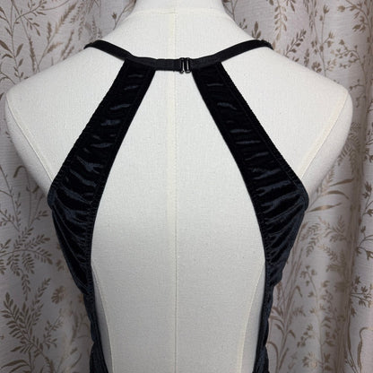 Victorias Secret Black Velvet Shine Teddy Bodysuit M/L Open Back Rhinestone Sexy