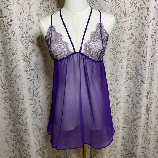 Victorias Secret Purple Chiffon Lace Babydoll Large Cage Back Whimsigoth Regency