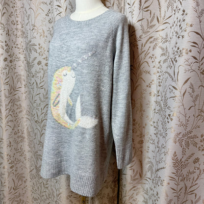 LC Lauren Conrad Sequin Narwhal Knit Tunic Sweater Womens L Whimsical Ocean Cozy