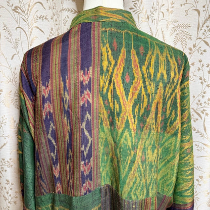 Boho Silk Ikat Jacket Women XL Patchwork Frog Closure Art to Wear Tang Suit