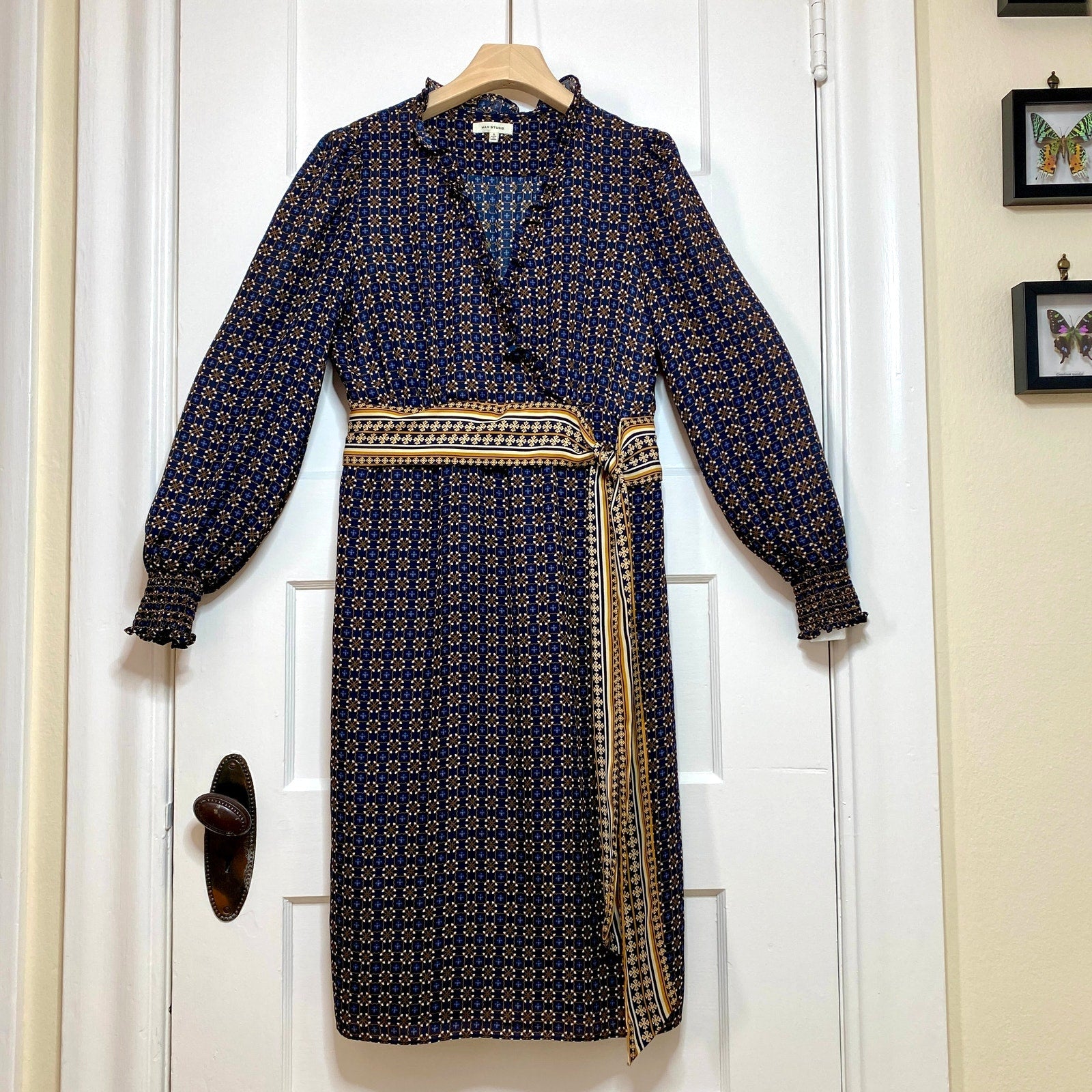 max studio navy blue dress Max Studio navy blue floral embroidered, scalloped hem dress, size medium
