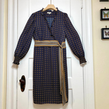 Max Studio Geometric Midi Dress Small Navy Blue Long Sleeve Boho Office Siren