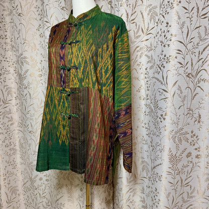 Boho Silk Ikat Jacket Women XL Patchwork Frog Closure Art to Wear Tang Suit