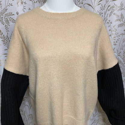 Lulus Nancie Colorblock Knit Sweater Small Camel Black Slouchy Cozy Neutral Soft