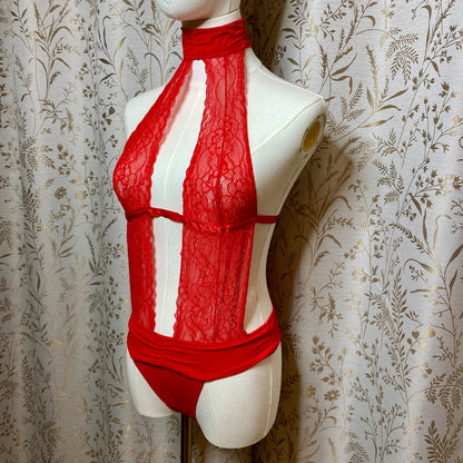 Fredericks of Hollywood Red Lace Sexy Halter Teddy M/L Coquette Pinup Baddie