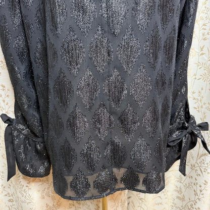 Halogen NWT Metallic Argyle Tie Cuff Blouse Women XL Black Whimsigoth Holiday