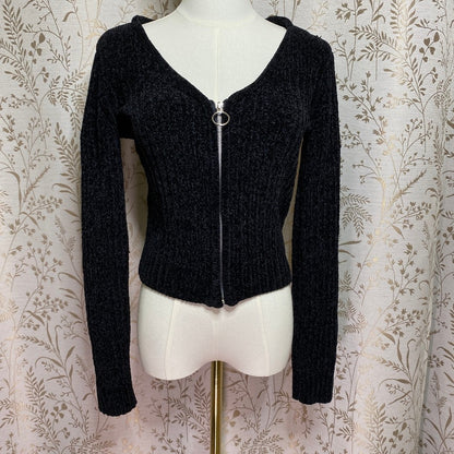 SO Black Chenille Ribbed Crop Cardigan Zip Juniors M Y2K 90s Grunge Whimsigoth