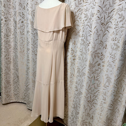 Liz Claiborne Beige Ruffle V-Neck Midi Dress Womens 16 Beaded Wedding Romantic