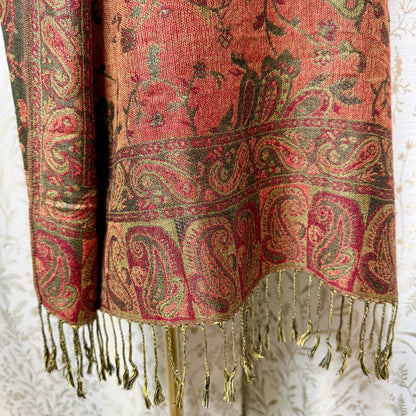 Paisley Pashmina Scarf Shawl Women OS Fringe Rust Olive Boho Autumnal Fairycore