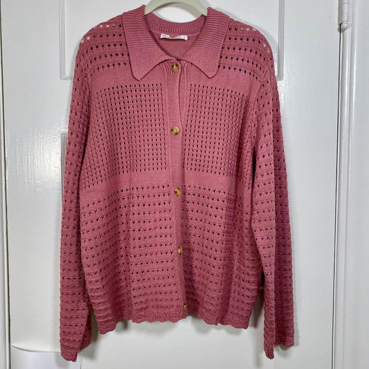 Pink Knit Cardigan Womens 2XL Cottagecore Boho Coastal Grandmother Academia