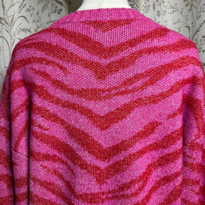 Nine West Red Pink Zebra Print Sweater Women L Dopamine Dressing Barbiecore Bold
